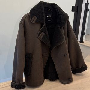 Zara women Dark Brown Pea Coat with Shearling